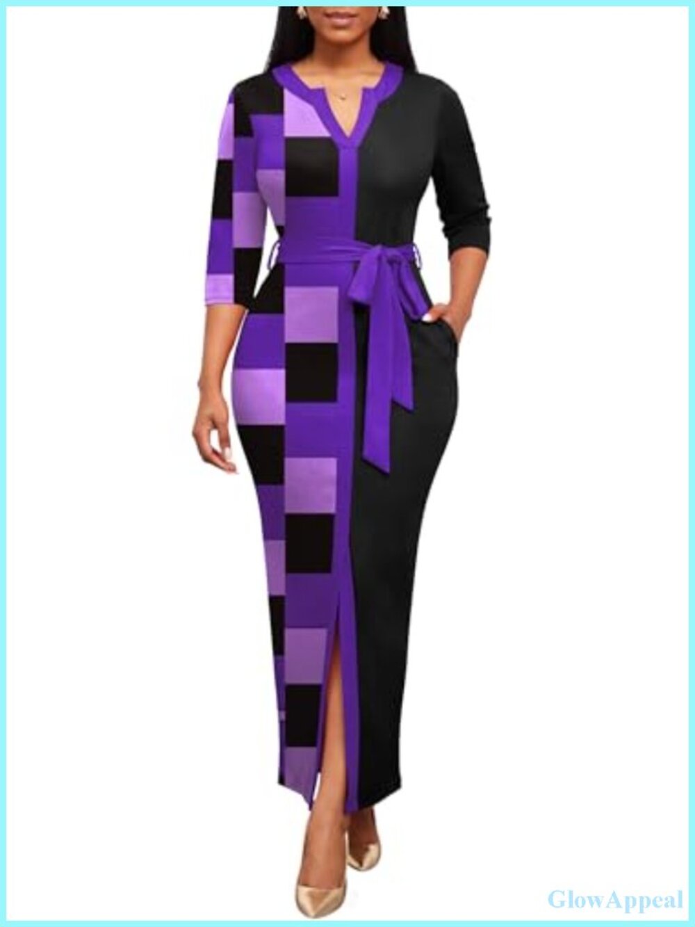 Women's Long Maxi Bodycon Dress 3/4 Sleeve V-Neck Split Front High Waist